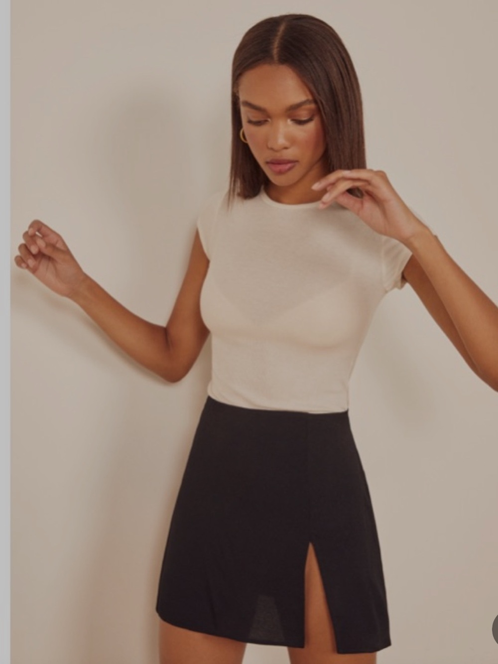 Reformation Women's Cream Short Sleeve Ribbed Tee - Margot Skirt